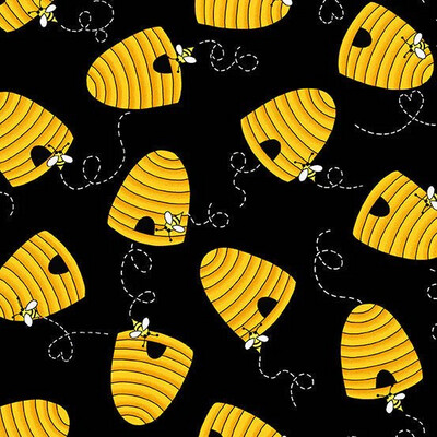 Makower - 9987-K - Sunflower & Bees - Bee Hive Black & Yellow - Long Quarter (25cm By Width of Fabrics) - R1