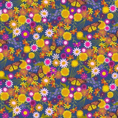 Andover - Alison Glass - Wildflowers - 670-B - Monarchs And Flowers - Blue - W13.5