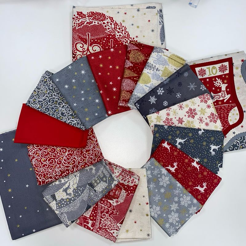 Makower - Mega Scandi Christmas Fat Quarter Bundle - 3 * 23” Panels & 14 Pattern FQs & 1 Red Solid FQ - Pod13