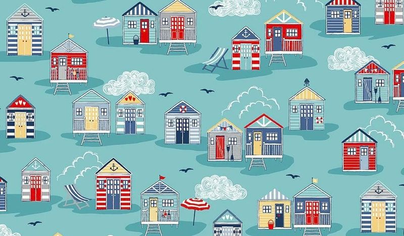 Makower - Nautical Sail Away - 2209- T - Teal Beach Huts - W14.4 - 16” Remnant