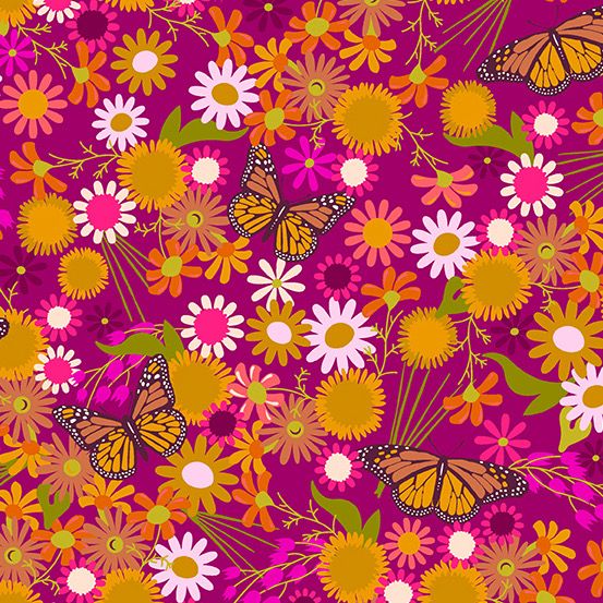 Andover - Alison Glass - Wildflowers - 670-P - Monarchs And Flowers - Berry - W13.5