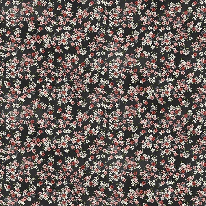 Makower - Tranquility - 2410-P7 - Cherry Blossoms - Pink On Charcoal - W07.5 Makower - Tranquility - 2410-P7 - Cherry Blossoms - Pink On Charcoal - W07.5