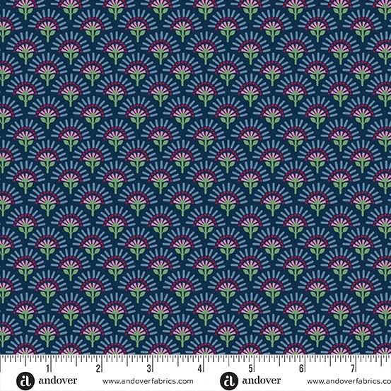 Andover Fabrics - Kim Schaefer - Whimsy - 1658-B - Flower Fan - Navy - W10.5