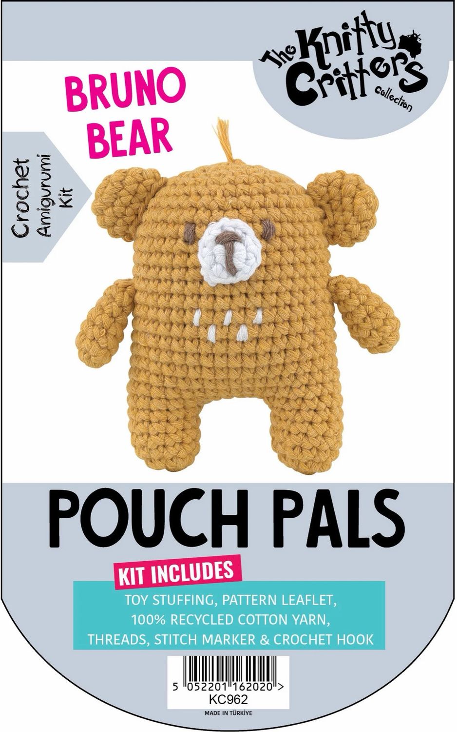 Hello Crafts - Knitty Critters - Pouch Pals - Bruno Bear - KC962 - Amigurumi Crochet Kit - UndBrd