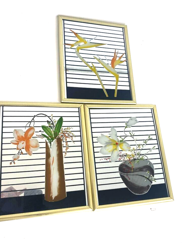 Vintage Mid Century Modern Framed Exotic Flowers Art Mirror Set