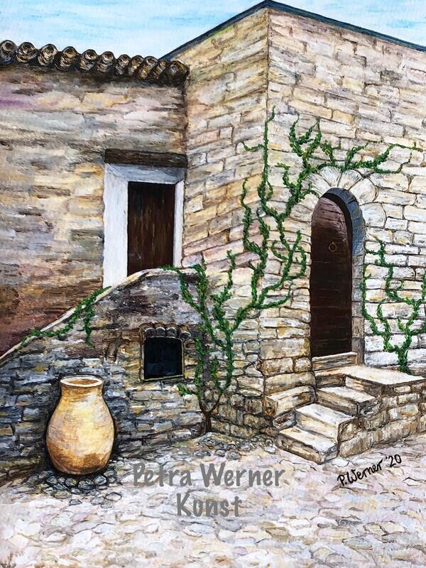 "Steinhausromantik", Acryl auf Karton, 30cm x 40cm, 2020, in hochwertigem modernem Aluminiumrahmen anthrazit