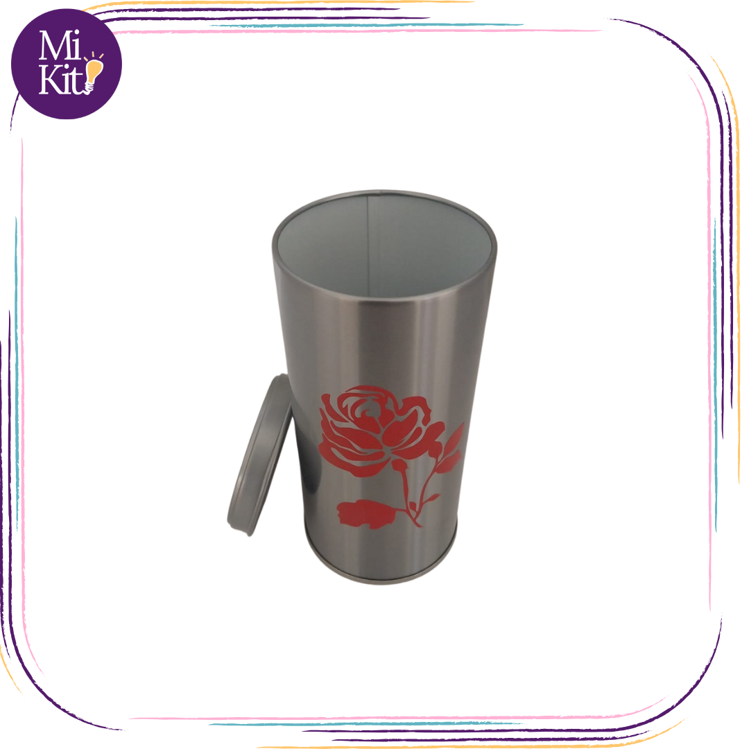 Recipiente metálico 15 oz. con tapadera rosa roja