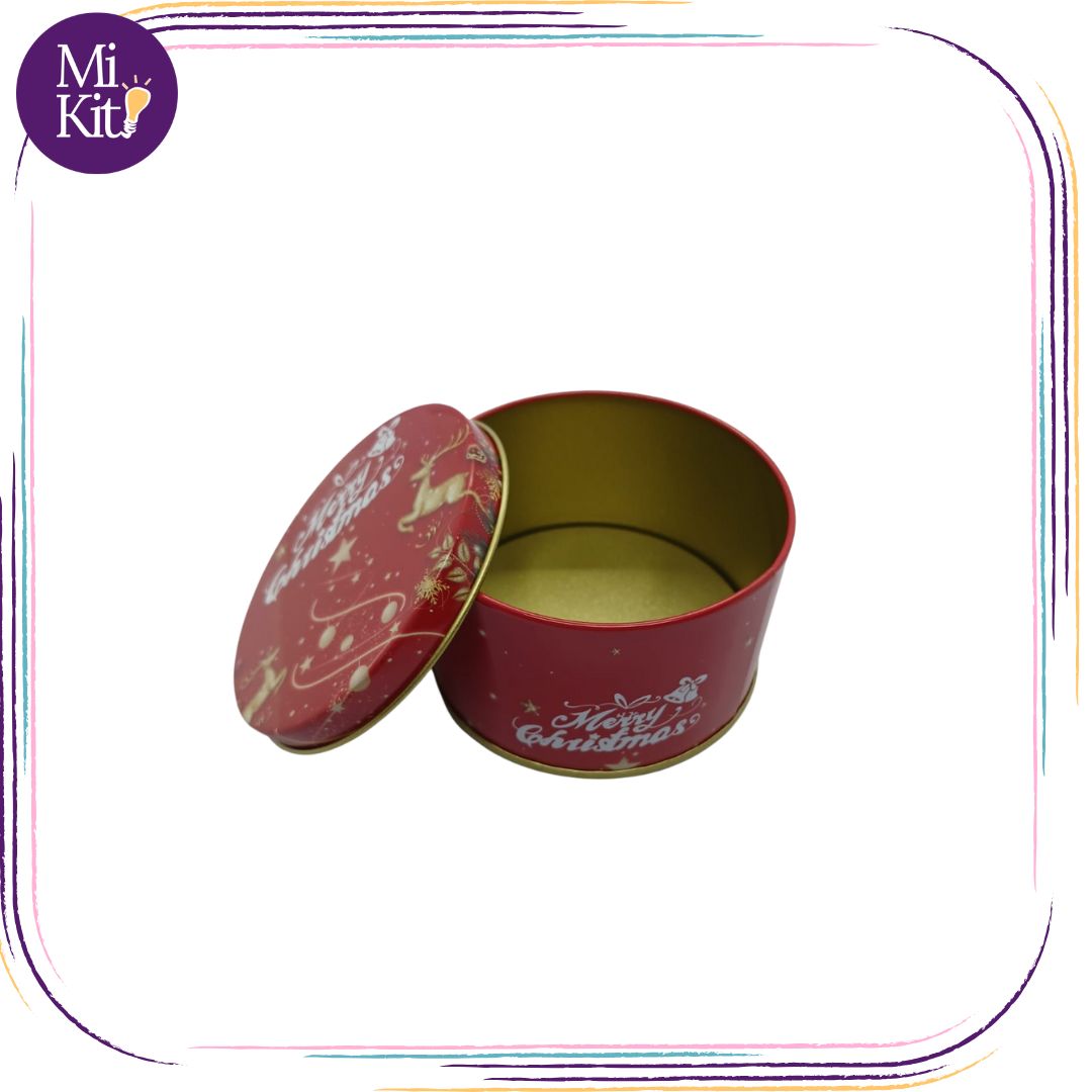 Recipiente metálico cilíndrico navideño rojo