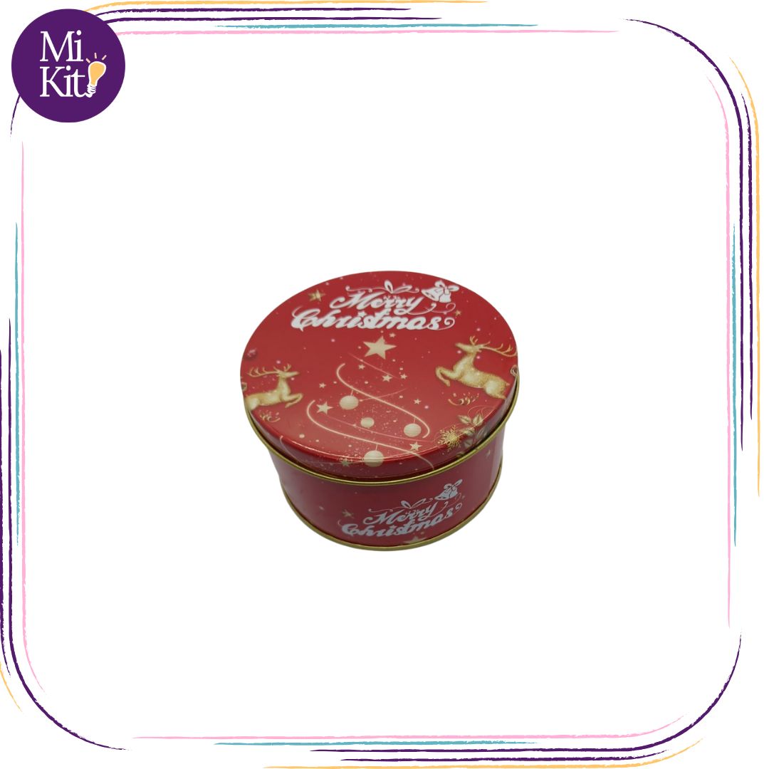 Recipiente metálico cilíndrico navideño rojo