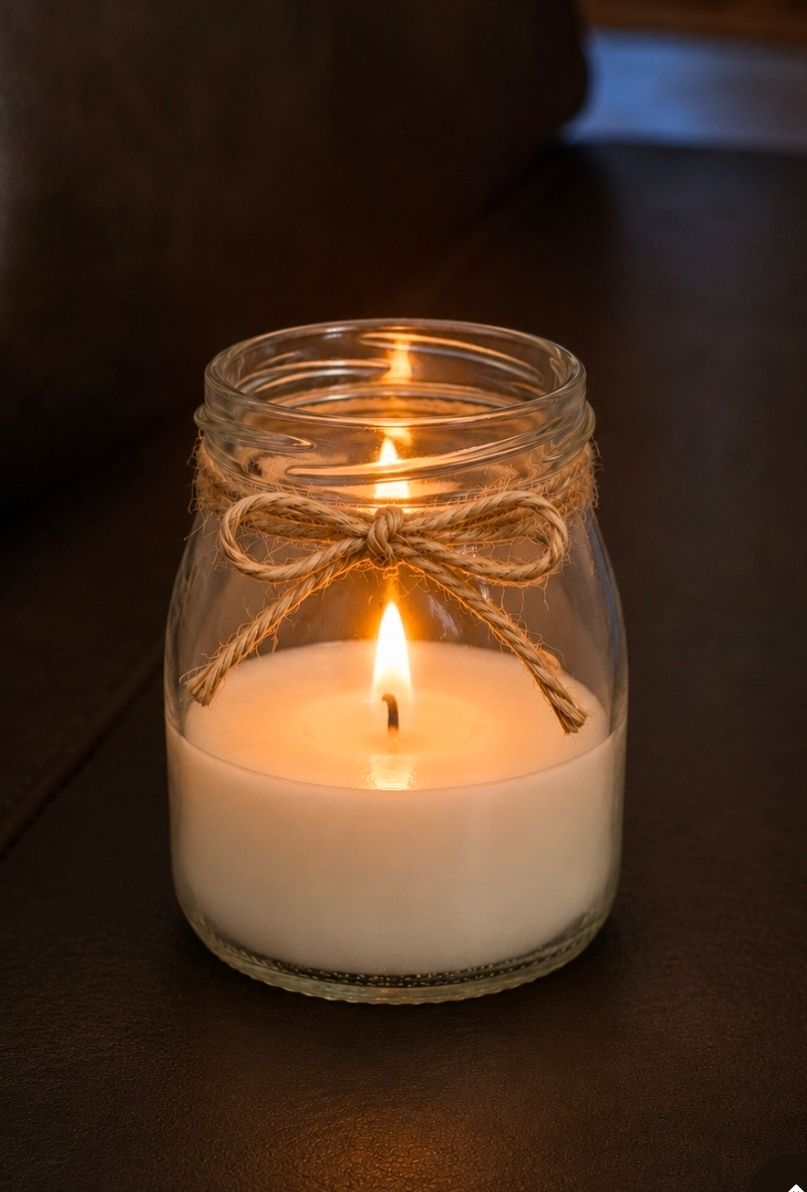 Vela blanca en recipiente de vidrio