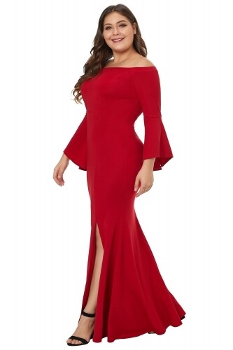 Red Elegant Off Shoulder Slit Mermaid Dress