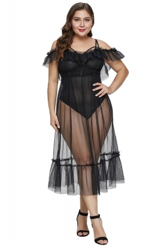 Black Teddy Lingerie with Tulle Layer