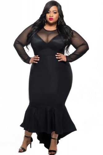 Black Sheer Mesh Splice Curvy Mermaid Dress