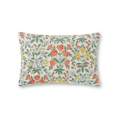 Rifle Paper Co. x Loloi Mughal Rose Embroidered Lumbar Pillow - Linen