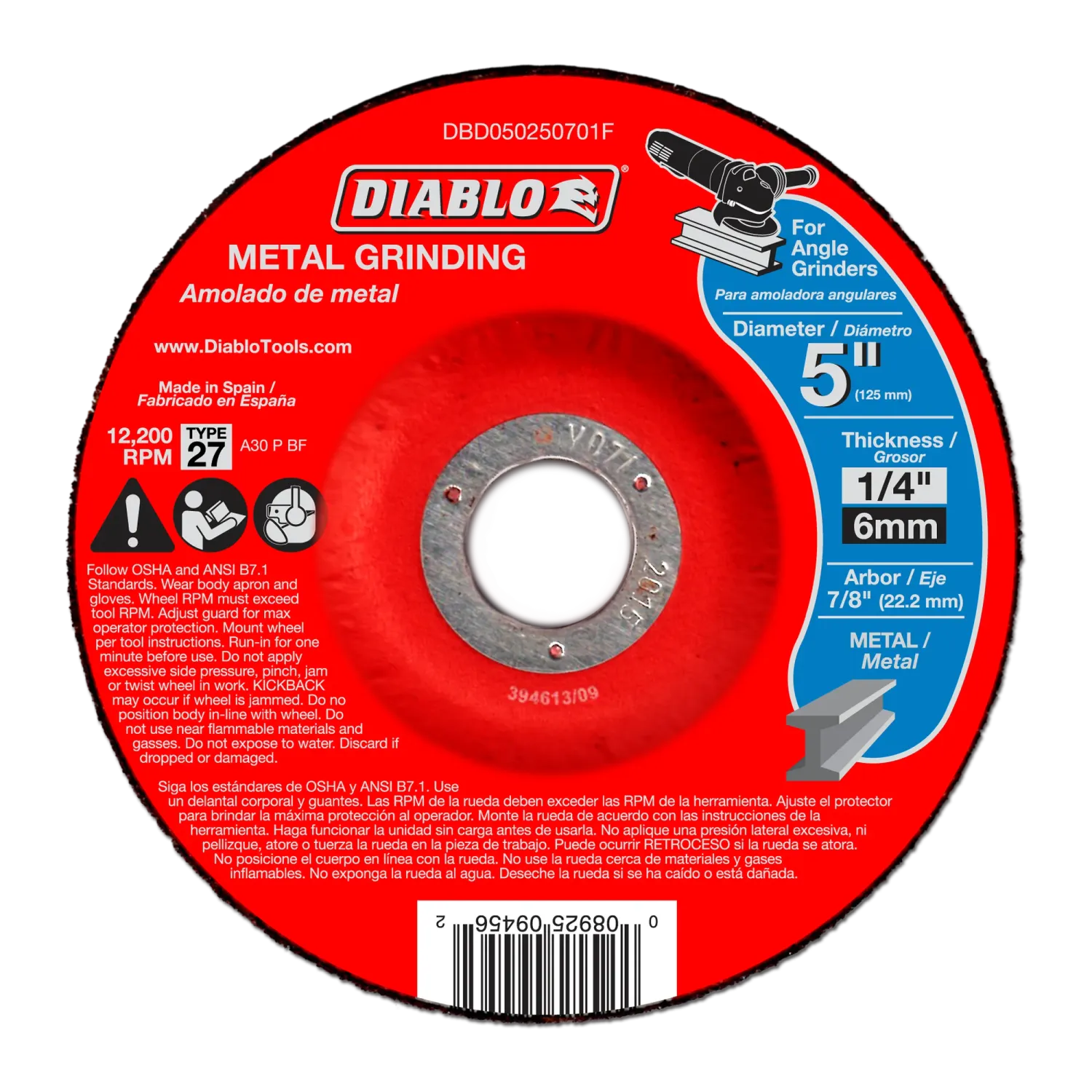 Diablo 5" x 1/4" x 7/8" Type 27 Metal Grinding Disc