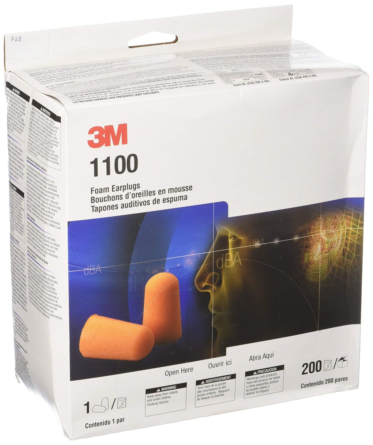 3M™ Foam Earplugs, 1100, orange, 200 pairs per carton