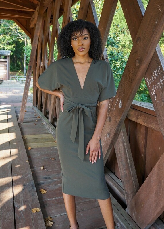HYFVE Deep V Keyhole Pencil Dress - Olive