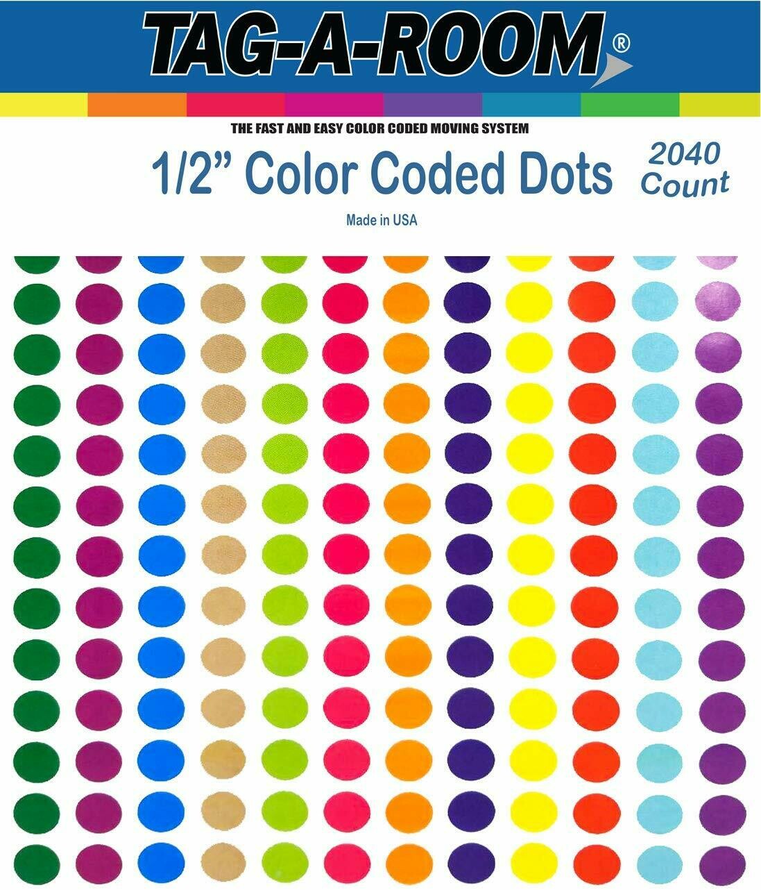 Tag-A-Room 1/2 Inch Round Color Coding Circle Dot Sticker Labels, 12 Bright Colors, 8 1/2" x 11" Sheet (2040 Pack)