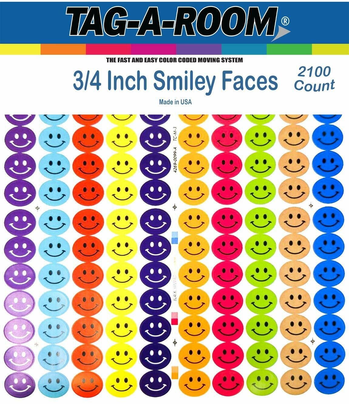 Tag-A-Room Happy Face Smiley Face Round 3/4 Inch Circle Dot Stickers, 10 Bright Colors, 8 1/2" x 11" Sheet (2100 Pack)