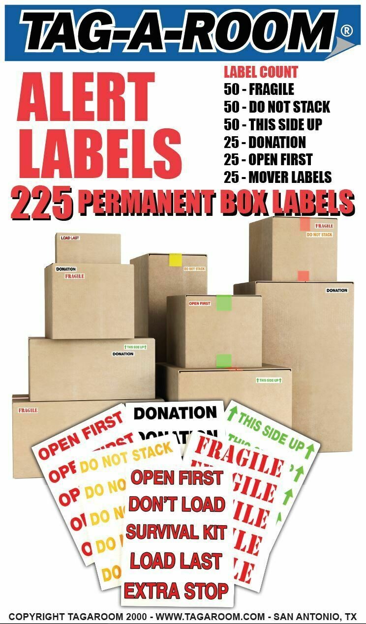 Tag-A-Room Alert Moving Labels, Color Coded Box Moving Supplies, 225 Pack