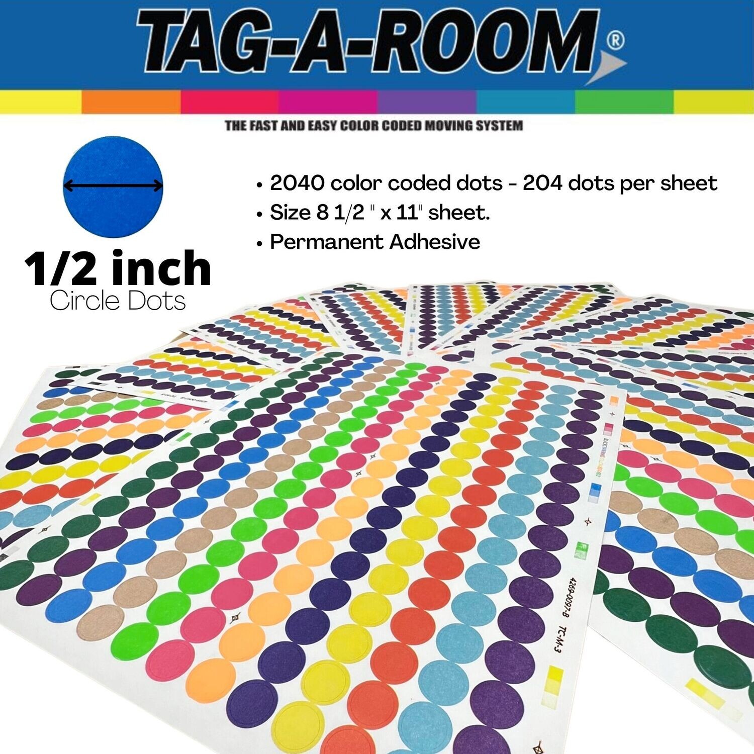 Tag-A-Room 1/2 Inch Round Color Coding Circle Dot Label Stickers 12 Bright Colors 1020 Pack 8 1/2 x 11 Sheet 