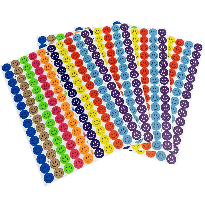 Tag-A-Room Happy Face Smiley Face Round 3/4 Inch Circle Dot Stickers, 10 Bright Colors, 8 1/2&quot; x 11&quot; Sheet