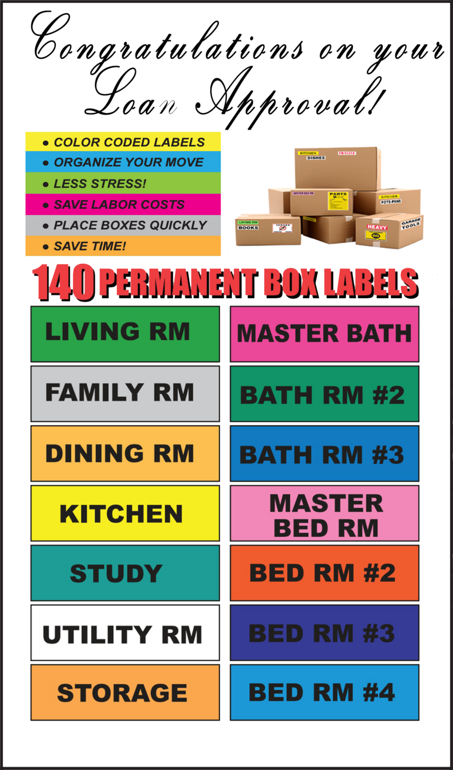 White Labeled Moving &quot;Room&quot; Labels, Text: Congratulations on your loan approval!, Size: (25) White Labeled Moving &quot;Room&quot; Label Packs