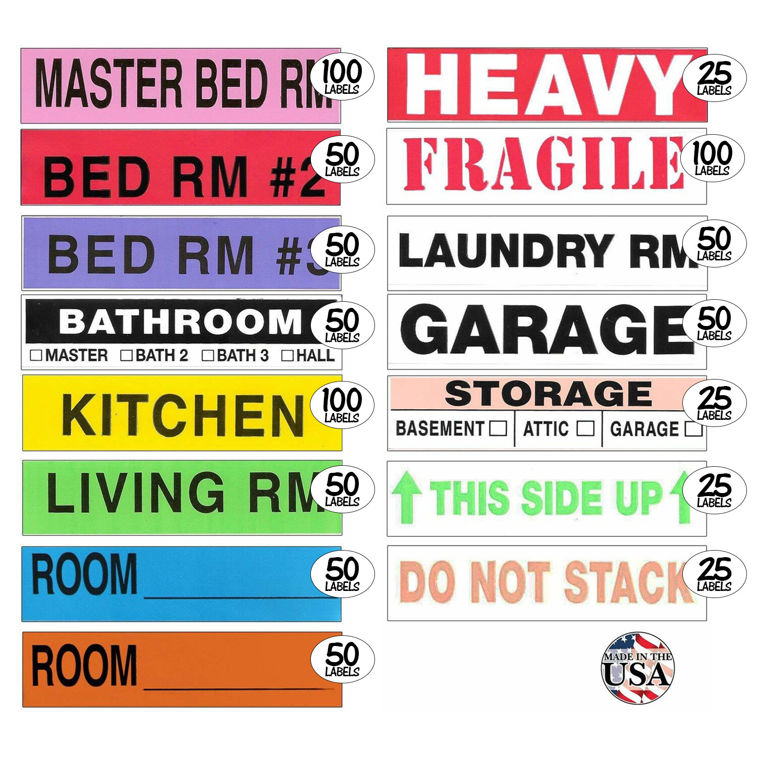 Color Coded Moving Labels 3-4 Bedroom Home Pack, (800 Count)
