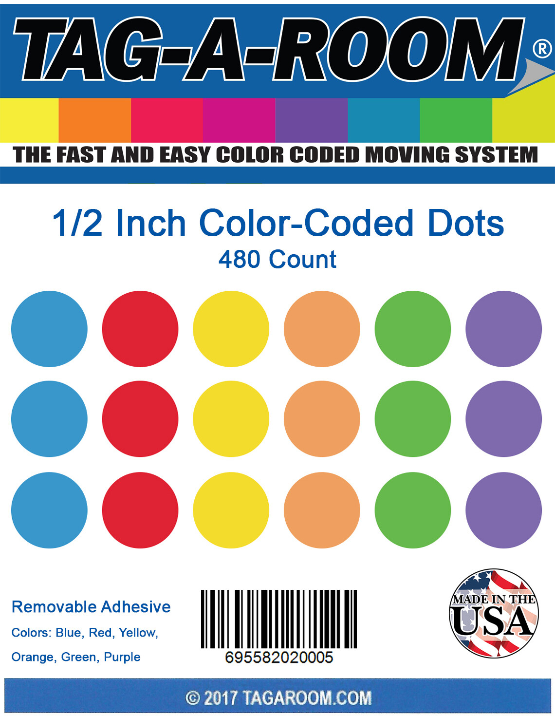 Tag-A-Room 1/2 Inch Round Color Coding Circle Dot Label Stickers, 6 Bright Colors, 4