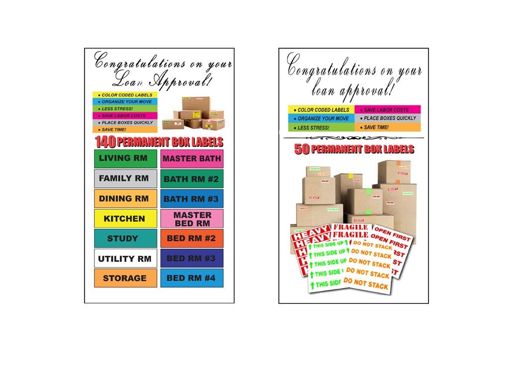 White Labeled Moving Kit A / Low As $23.00 ea., Text: Congratulations on your loan approval!