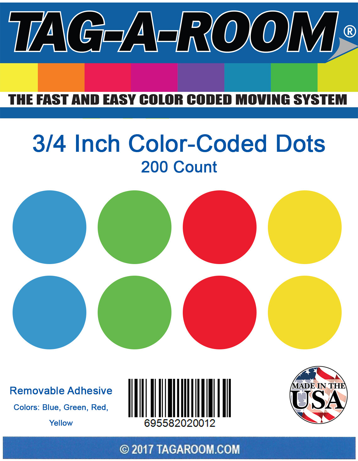 Tag-A-Room 3/4 Inch Round Color Coding Circle Dot Label Stickers, 4 Bright Colors, 4" x 5" Sheet - 200 Count