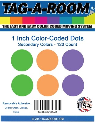 Tag-A-Room 1 Inch Round Color Coding Circle Dot Label Stickers, 3 Secondary Colors, 4 Tag-A-Room 1 Inch Round Color Coding Circle Dot Label Stickers, 3 Secondary Colors, 4" x 5" Sheet - 120 Count