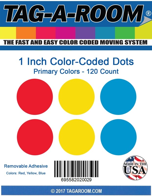 Tag-A-Room 1 Inch Round Color Coding Circle Dot Label Stickers, 3 Primary Colors, 4" x 5" Sheet - 120 Count