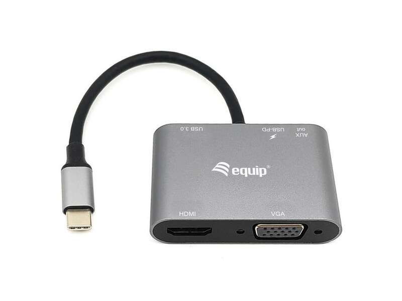 Equip 5 en 1 Adaptador Multifuncional USB-C con 1x USB-A 3.0, 1x USB-C PD, 1x HDMI, 1x AUX - Carcasa de Aluminio - Cable de 0.15m
