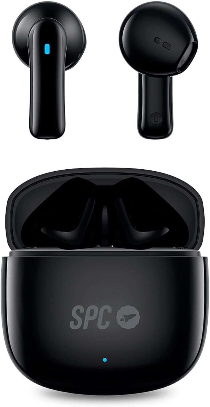 SPC Auriculares True Wireless Zion 2 Play - Autonomia 28 Horas - Base de Carga USB-C - Control por Toques - Compatible con Asistentes de Voz - Luces Led Indicadoras - Color Negro