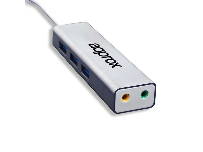 Approx HUB de 3 USB 3.0, Salida y Entrada Jack3.5mm de Audio - Adaptador de Sonido USB 5.1 - Pequeño y Ligero - Máxima Compatibilidad