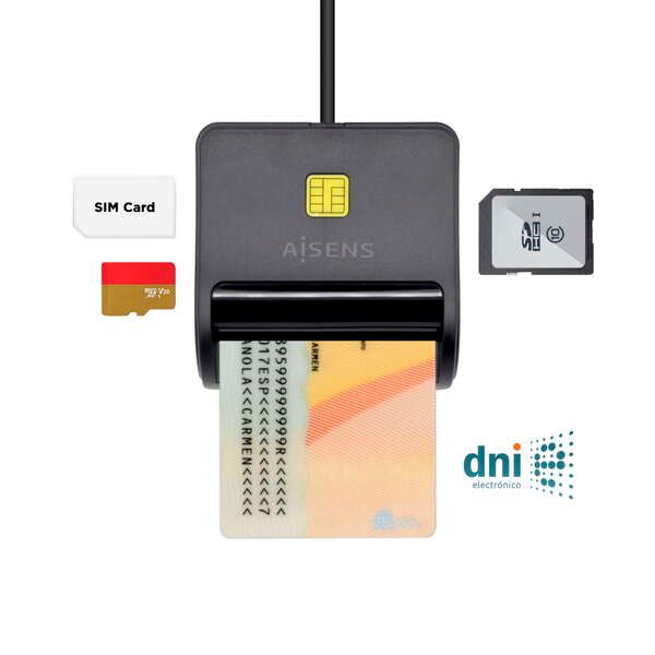 Aisens Lector de Tarjeta Inteligente DNI con Lector de Tarjetas SIM - SD - Micro SD - MMC - RS-MMC - MMC Micro - Color Negro