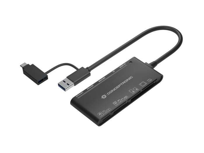 Conceptronic 7 en 1 Lector de tarjetas USB 3.0 con Adaptador USB-C con 2x SD/SDHC/SDXC, 1x  Micro SD/T-Flash, 1x MS, 1x M2, 1x CF, 1x xD
