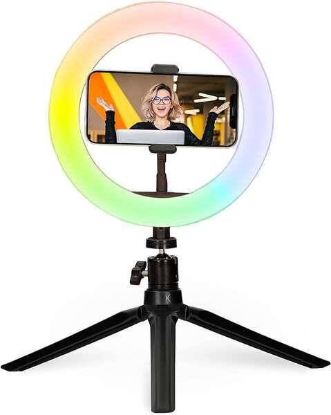 Ksix Studio Live Colors Anillo de Luz RGB USB con Tripode de Mesa - 15 Tonalidades - 1000lm - Mando Incorporado en el Cable