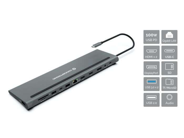 Conceptronic 12 en 1 Estacion de Acoplamiento USB-C con 2x HDMI, 1x USB-C PD, 1x DisplayPort, 1x Gigabit LAN, 2x USB-A 3.0, 1x USB-A 2.0, 1x USB-C Data, 1x SD, 1x TF/MicroSD, 1x Audio