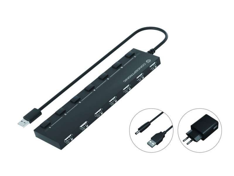 Conceptronic Hub USB-A 2.0 con 7x USB-A 2.0 - Interruptores de Encendido Individuales - Base Imantada - Adaptador de Corriente Incluido