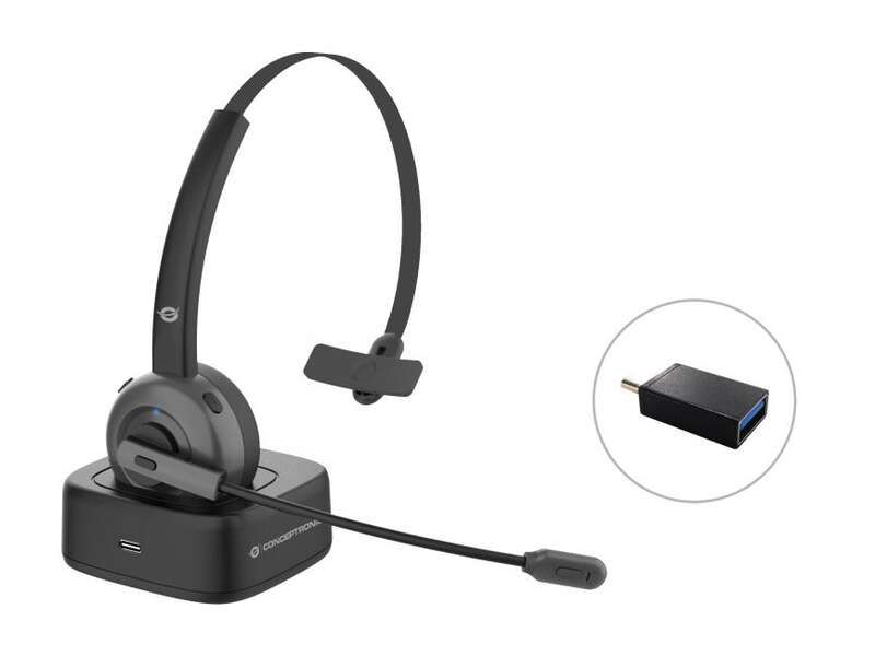 Conceptronic Auricular Mono Bluetooth con Microfono Giratorio y Flexible - Cancelacion de Ruido - Almohadilla Acolchada - Adaptador USB-C a USB-A