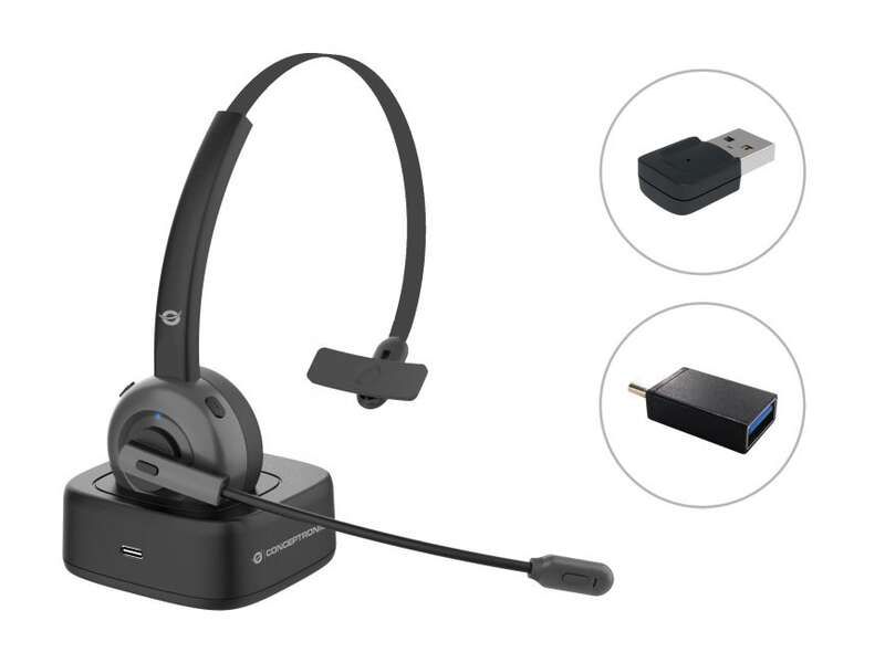 Conceptronic Auricular Mono Bluetooth con Microfono Giratorio y Flexible - Cancelacion de Ruido - Adaptador de Audio Bluetooth - Adaptador USB-C a USB-A