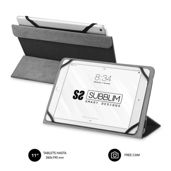 Subblim Funda Tablet Freecam - Diseño Universal hasta 11" - Sistema de Fijaciones de Silicona - Interior Suave y Aterciopelado - Cierre Seguro con Banda Elastica - Color Negro/Gris
