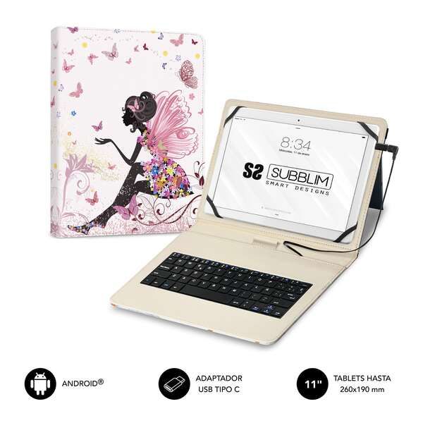 Subblim Funda para Tablets Android con Teclado de Cubierta Duradera - Acceso Directo a Funciones Android - Compatible con Dispositivos Samsung, Lenovo, Huawei, xiaomi, Tcl, Spc, Denver, Alcatel - Diseño Hada y Mariposas