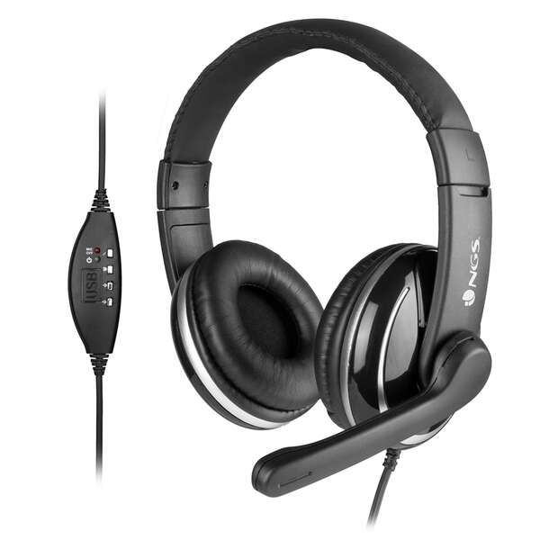 NGS Vox800 Auriculares USB con Microfono - Microfono Plegable - Almohadillas Acolchadas - Diadema Ajustable - Control en Cable - Cable de 1.80m - Color Negro