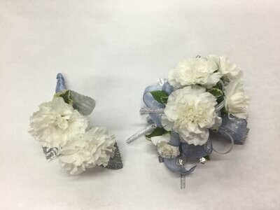 WHITE pixie carnation Wrist Corsage WITH Matching boutonniere #22