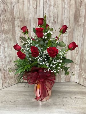 Dozen Roses in Rose Gold Metallic vase or Clear Vase- Fancy #9