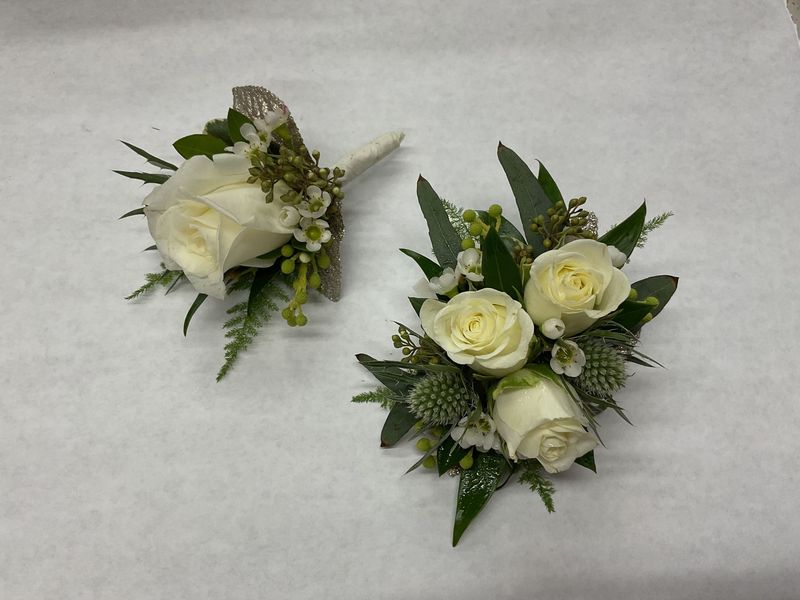 WHITE rose Wrist Corsage WITH Matching boutonniere Set #2