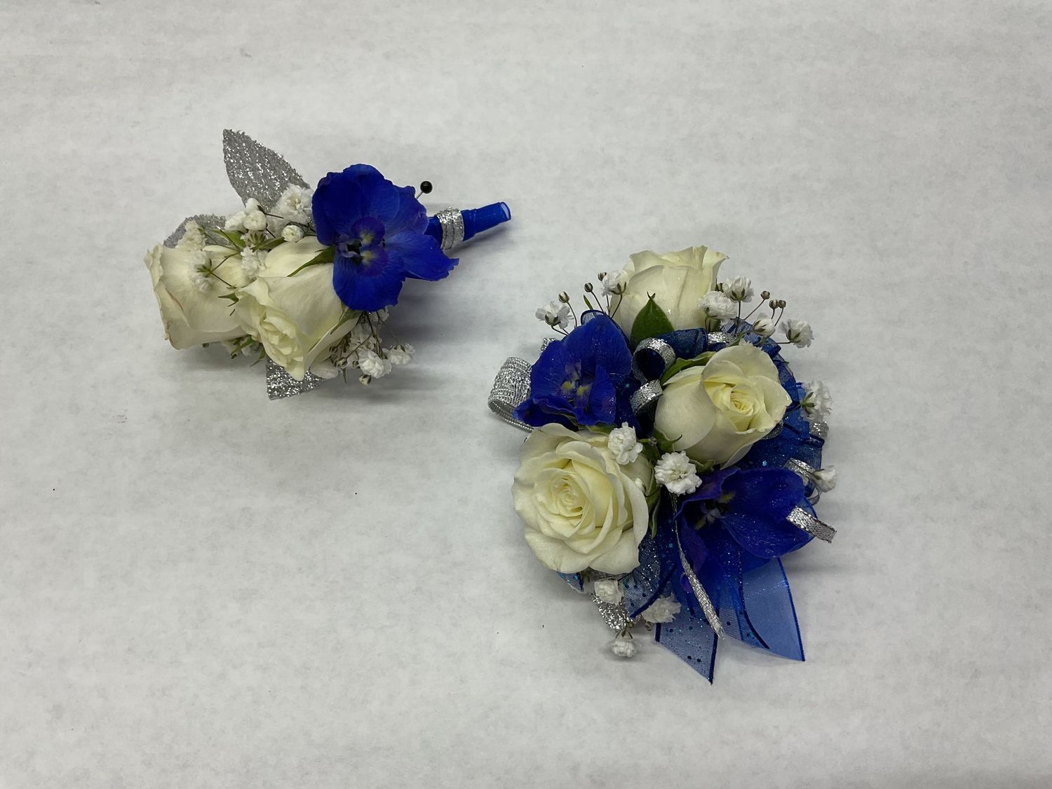 WHITE rose and BLUE delphinium Wrist Corsage WITH Matching boutonniere set #3 WHITE rose and BLUE delphinium Wrist Corsage WITH Matching boutonniere set #3